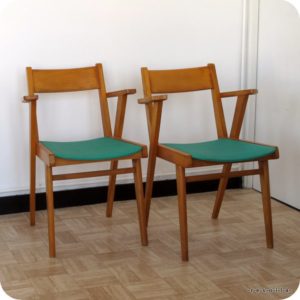 2 fauteuils bridge skaï pieds compas
