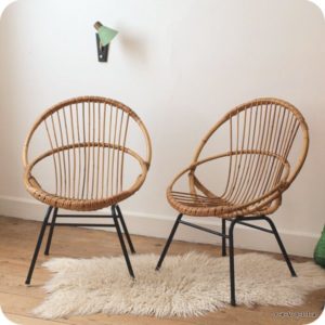 2 Fauteuils rotin pieds métal